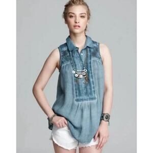 FREE PEOPLE Boho Flowy Sleeveless Collared Popover Teal Blue Tunic Top Size XS